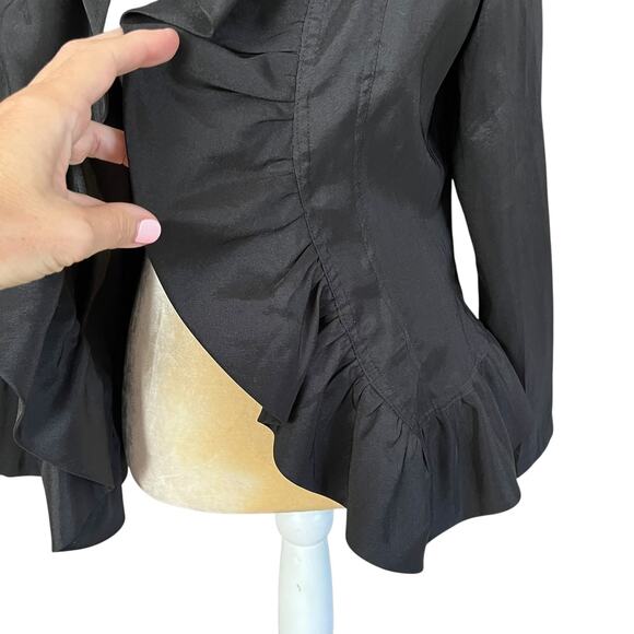 Rossi Roma Black Ruffle Jacket Top Medium Italy Silk MISSING BUTTON Y2K 90s - Picture 4 of 9